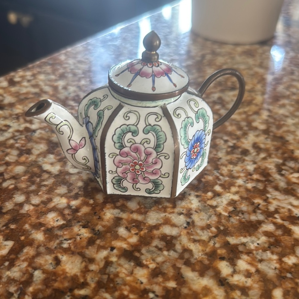 Enameled Mini Teapot  Floral Pattern Hexagon shape Multicolor with Brass Trim